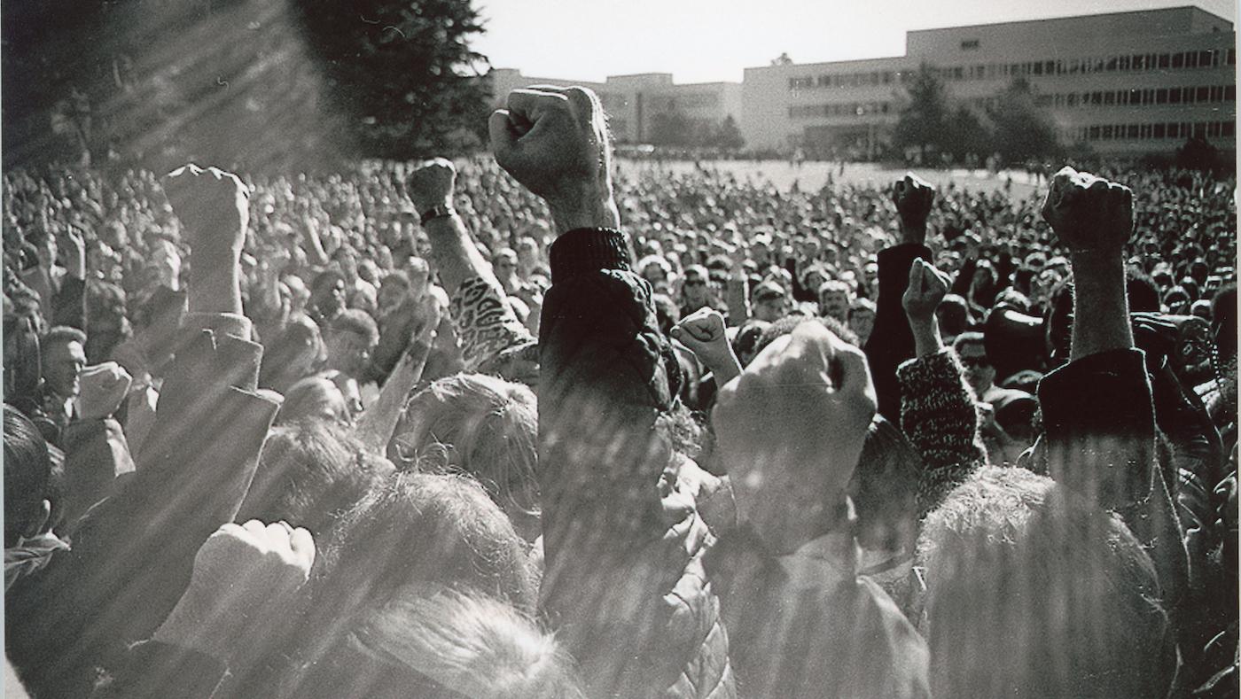 A protest at San Francisco State University in 1968