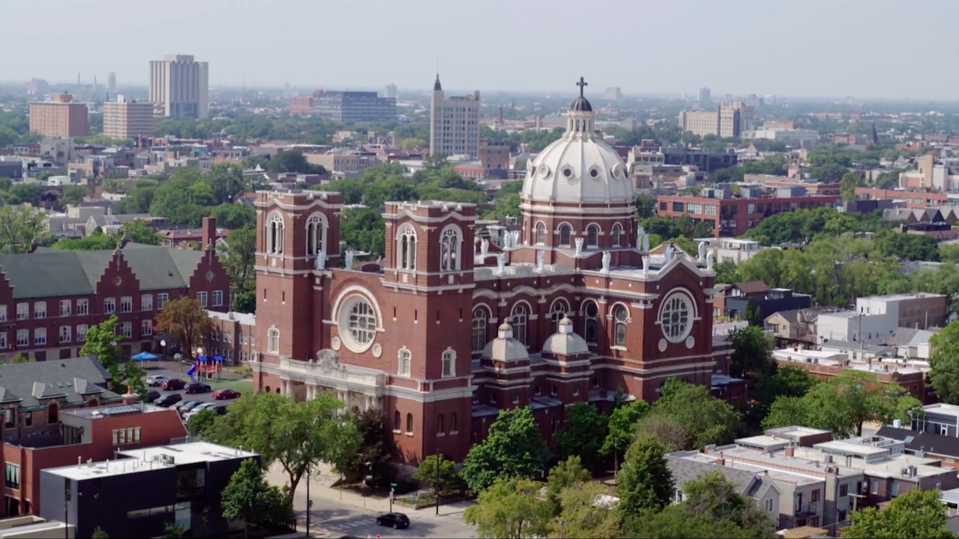 Aerial view of St. Mary of the Angels in Chicago. Image: WTTW