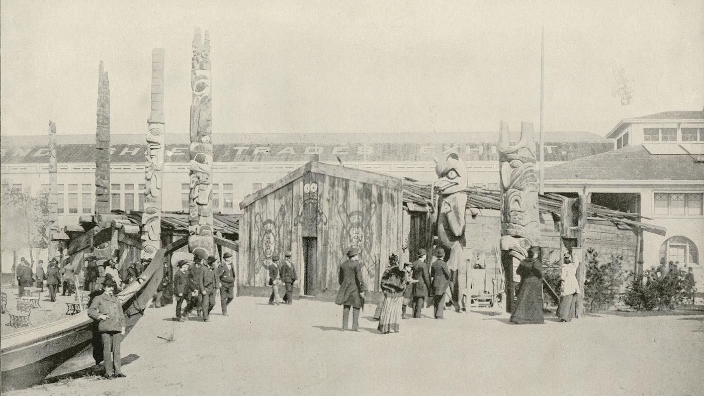 View of the Kwakiutl tribe, now known as Kwakwaka'wakw, originally from northern Vancouver Island, British Columbia, on the Midway at the World's Columbian Exposition, Chicago, Illinois, 1893. Published in The Glories of the World's Fair Part 3 by The Fair in Chicago, Illinois. Image: Chicago History Museum, ICHi-068016