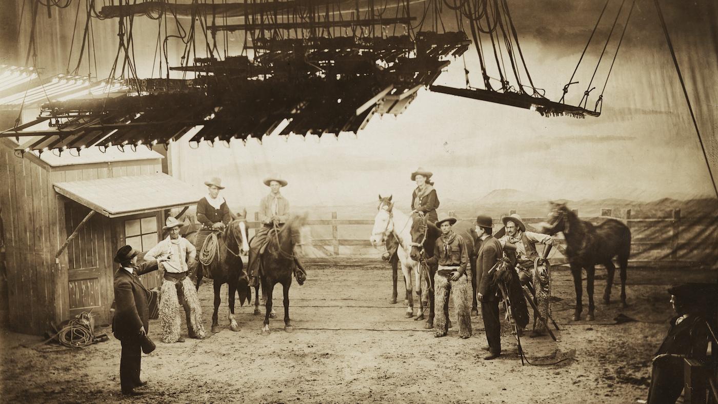 Film set for a silent western featuring Gilbert M. Anderson, known as Broncho Billy, at Essanay Film Studios in Chicago, Illinois, circa 1910. Image: Chicago History Museum; ICHi-016886