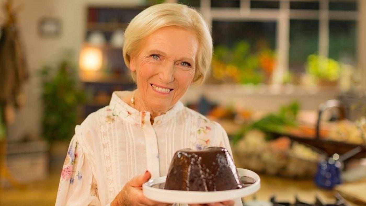 Mary Berry with a christmas pudding