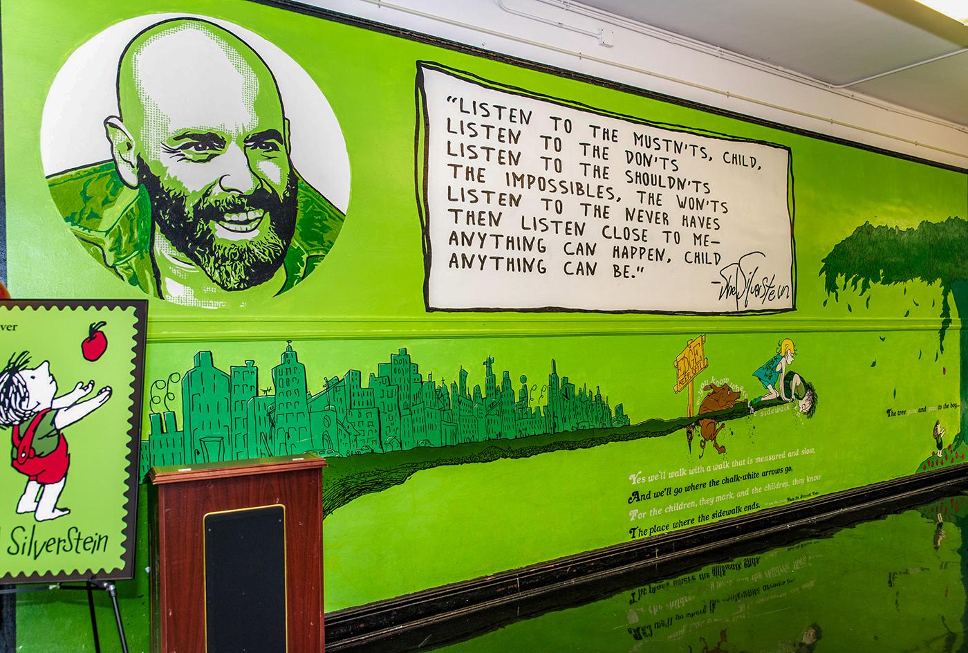 A mural depicting Shel Silverstein and his work at Darwin Elementary School in Chicago.