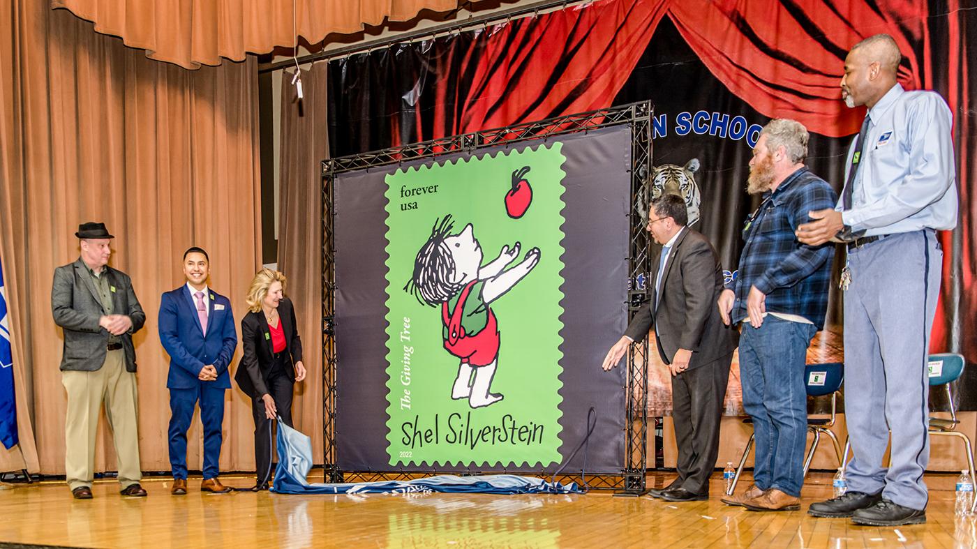 The new Shel Silverstein Forever Stamp was dedicated at Darwin Elementary School on April 8, 2022. (Credit: USPS photographer Nate Chavis)
