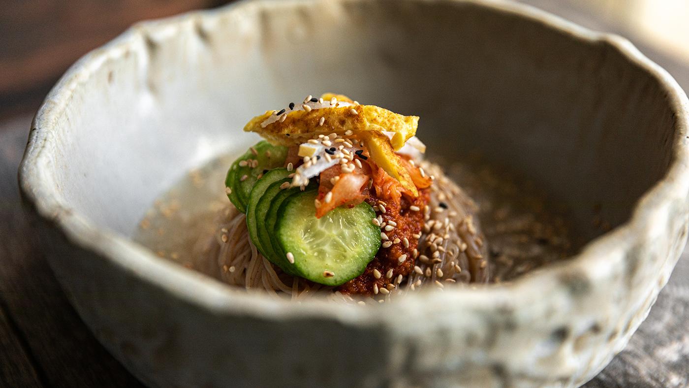 Naengmyeon, or cold buckwheat noodles, from "The Korean Vegan" cookbook. Image Courtesy of "The Korean Vegan" by Joanne Lee Molinaro