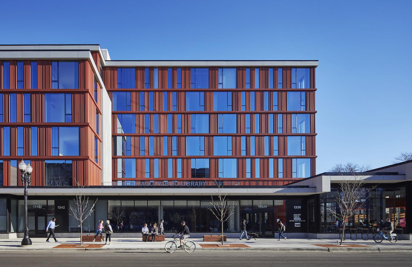 The Taylor Street Apartments and Little Italy library branch in Chicago, designed by SOM's Brian Lee. Photo: Tom Harris
