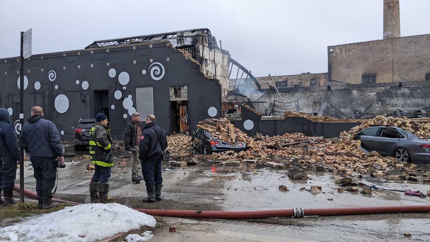 Twisted Hippo's brewpub after a fire destroyed it. Photo: WTTW/Kevin Crowley