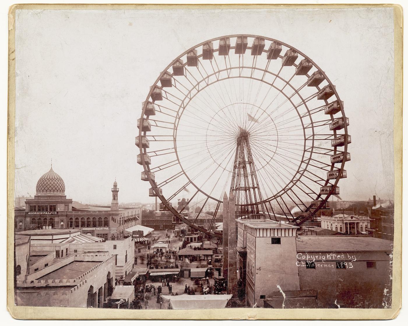 The ferris wheel on the Midway at the World's Columbian Exposition of 1893. Photo: Chicago History Museum, ICHi-002440; C. E. Waterman, photographer