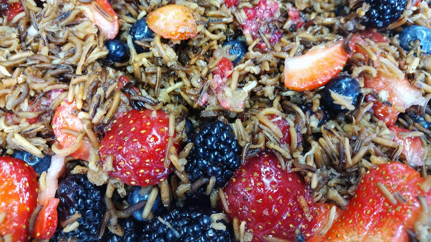 A close up shot of traditional Menominee wild rice and berries