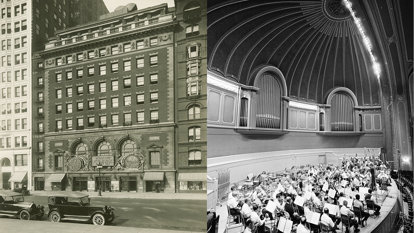 The exterior of Orchestra Hall in 1920 and its stage in 1966 during a recording session with Benny Goodman and the Chicago Symphony Orchestra. Photos: Chicago History Museum, ICHi-032364; Kaufmann & Fabry Company, photographer (L); ST-19070395-0015, Chicago Sun-Times collection, Chicago History Museum (R)