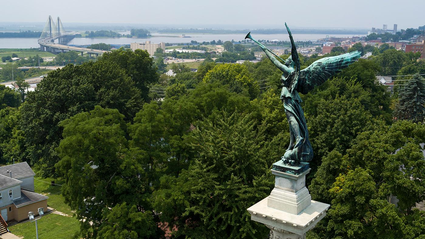 An aerial view of the Elijah Lovejoy Monument in Alton, Illinois