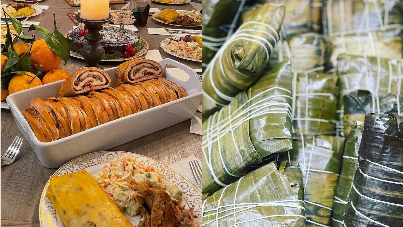A Venezuelan Christmas spread with pan de jamón and hallacas on the left, and wrapped hallacas on the right