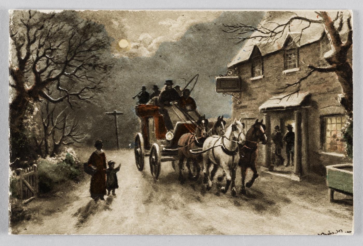 A holiday card depicting a carriage in a snowy village