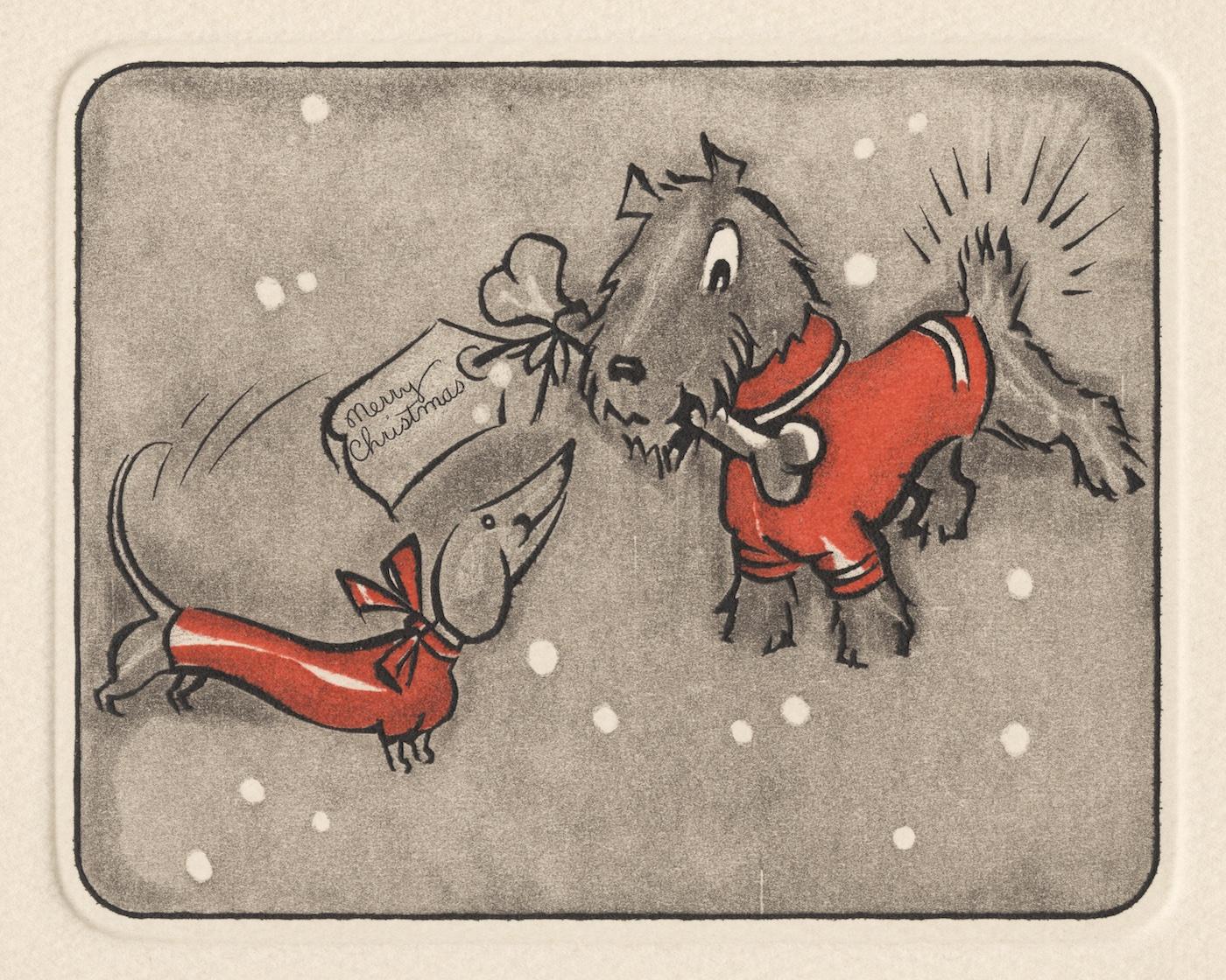 A Christmas card with a dog offering another dog a bone