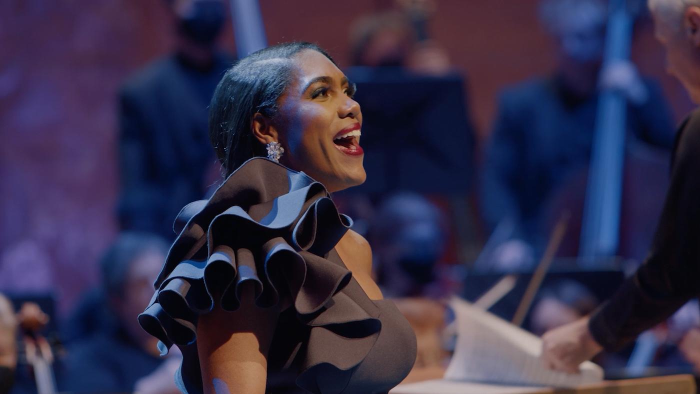 J'Nai Bridges performing in "A Knee on the Neck" with the National Philharmonic