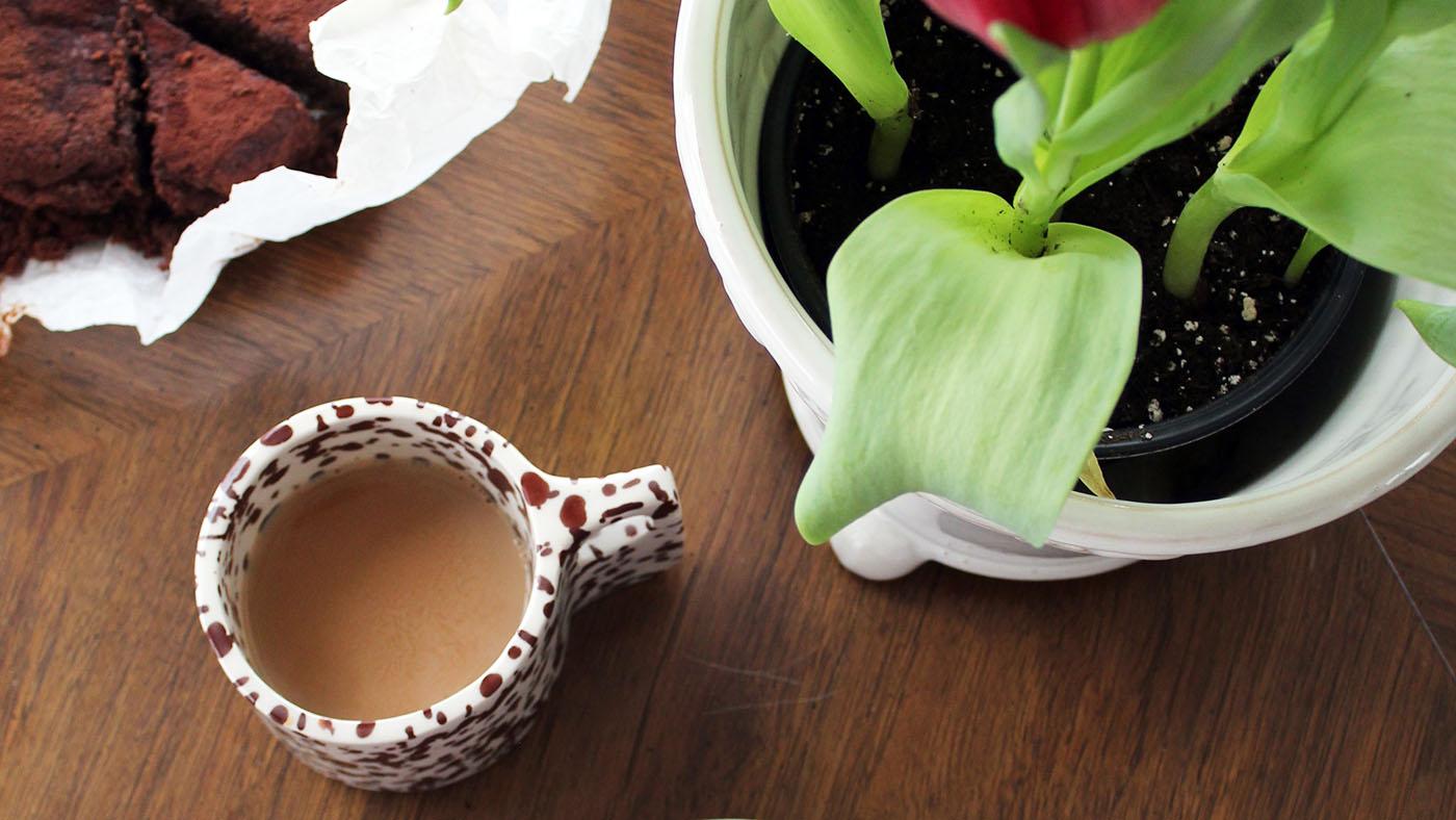 A cup of chai tea next to dark chocolate orange sufflee cake and a tulip plant