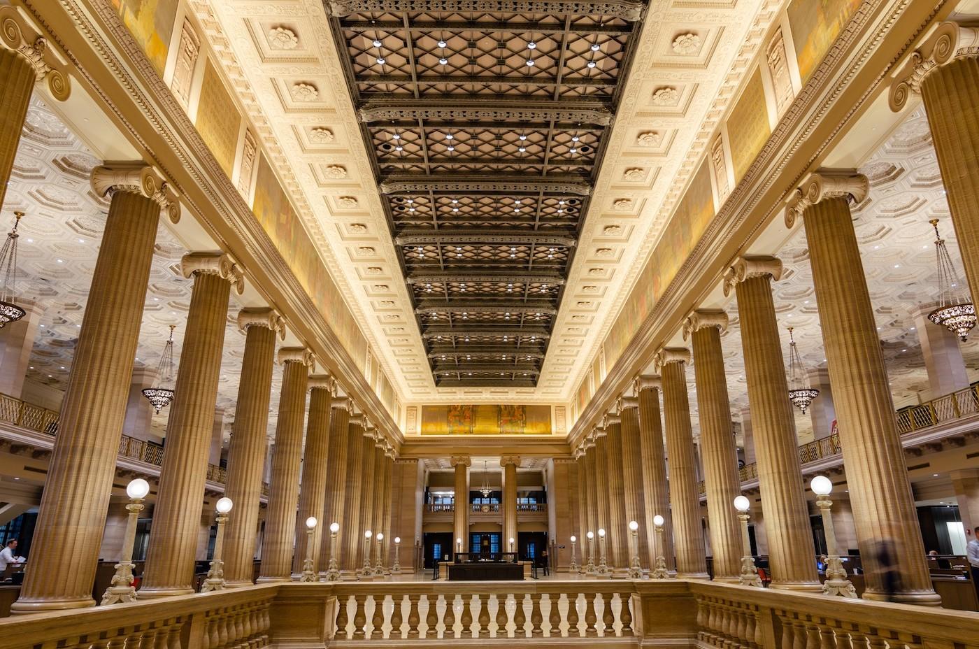 The columned lobby of the Central Standard Building in Chicago