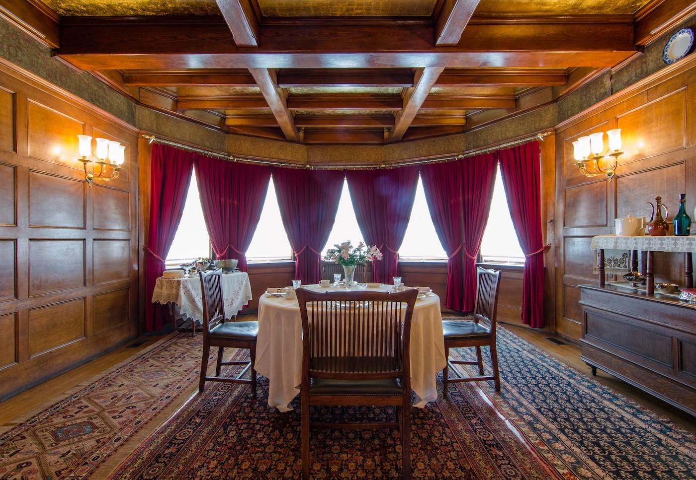 The wood-filled, rounded dining room of Glessner House