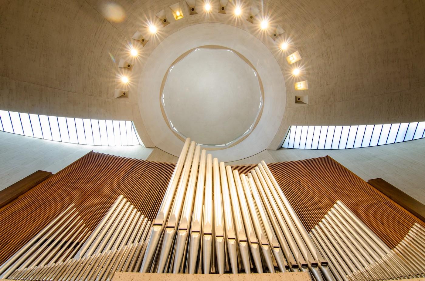 Looking up at the vertical organ pipes of Seventeenth Church of Christ, Scientist in Chicago