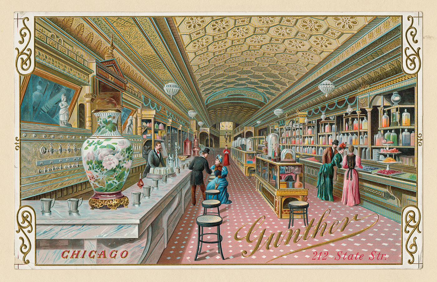 Color illustration depicting Gunther's Store and Soda Fountain located at 212 State Street, Chicago, Illinois, circa 1887. Credit: Chicago History Museum, ICHi-021804 