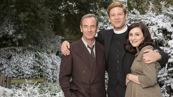 Robson Green as Geordie Keating, James Norton as Sidney Chambers and Morven Christie as Amanda in Grantchester. Photo: Colin Hutton and Kudos/ITV for MASTERPIECE