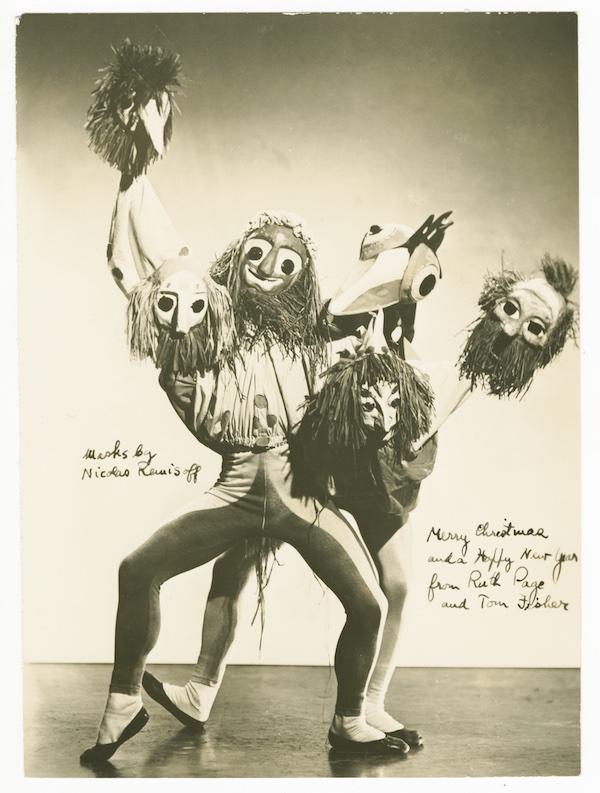 A holiday greeting card from the choreographer Ruth Page with two dancers holding and wearing masks