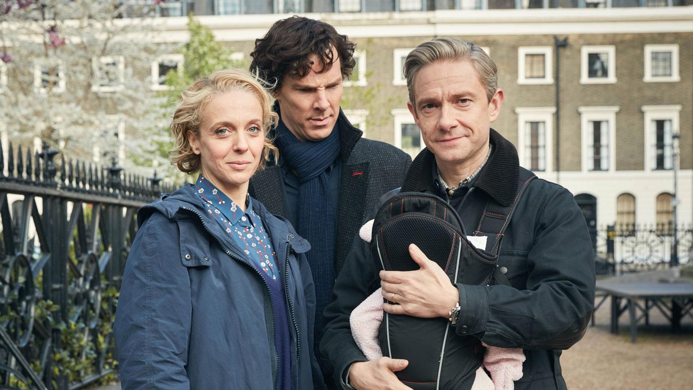 Mary, Sherlock, and John with baby Rosamund in Season 4.