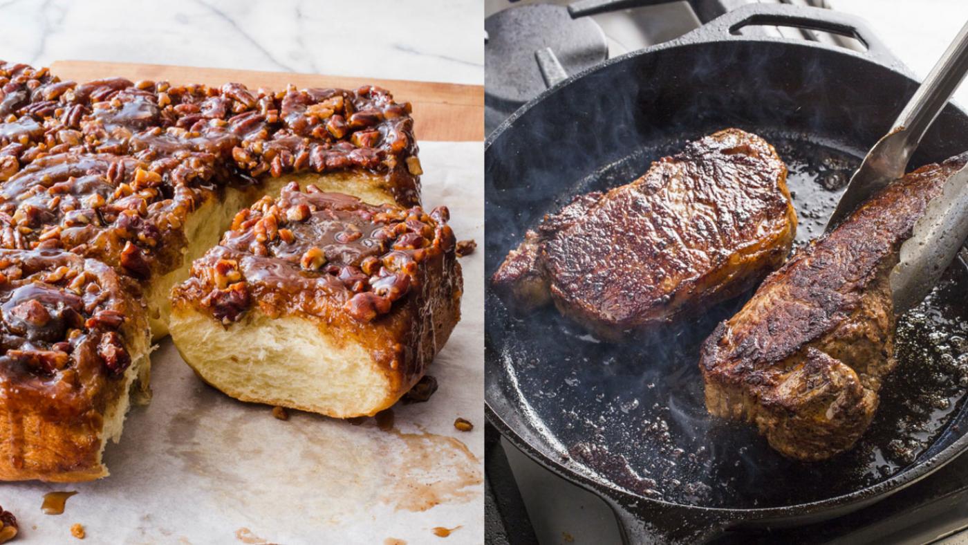Sticky Buns and Cast Iron Steak with Herb Butter. (Courtesy of America's Test Kitchen)