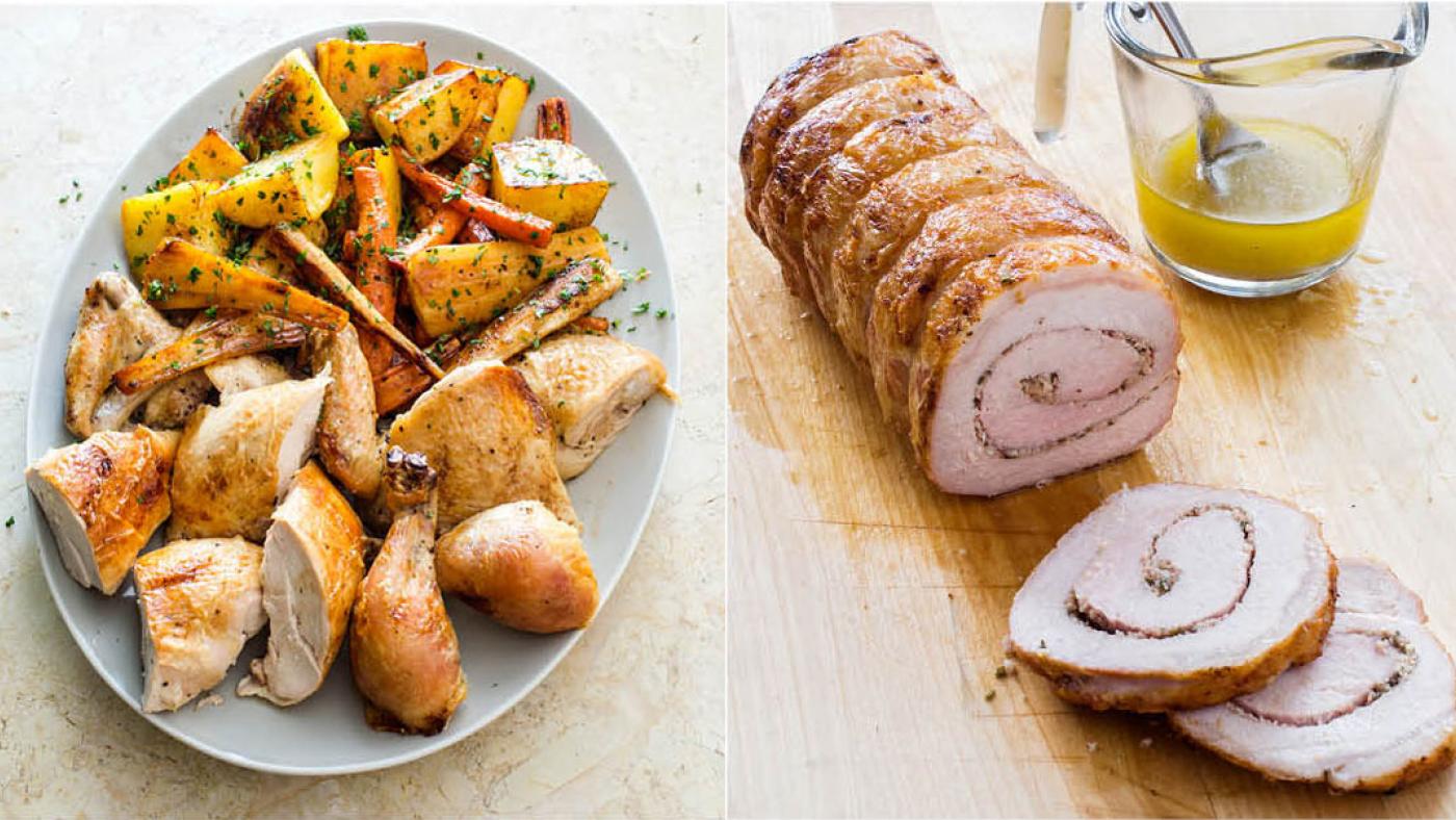 America's Test Kitchen's Best Roast Chicken with Root Vegetables and Tuscan-style Roast Pork with Garlic and Rosemary. (Carl Tremblay)