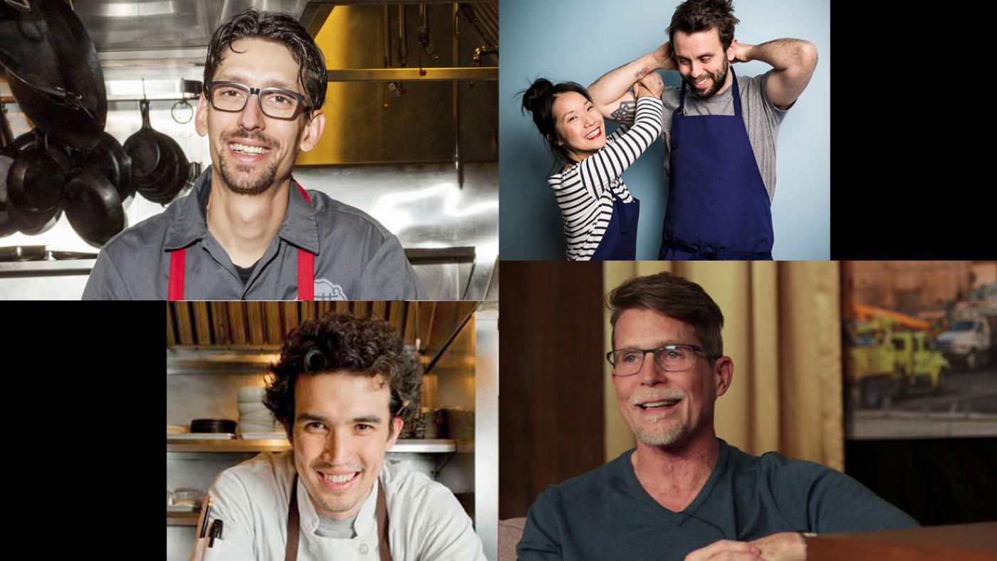 Clockwise from top left: Abraham Conlon of Fat Rice, Beverly Kim and Johnny Clark of Parachute, Rick Bayless of Topolobampo, and Erling Wu-Bower of Nico Osteria.