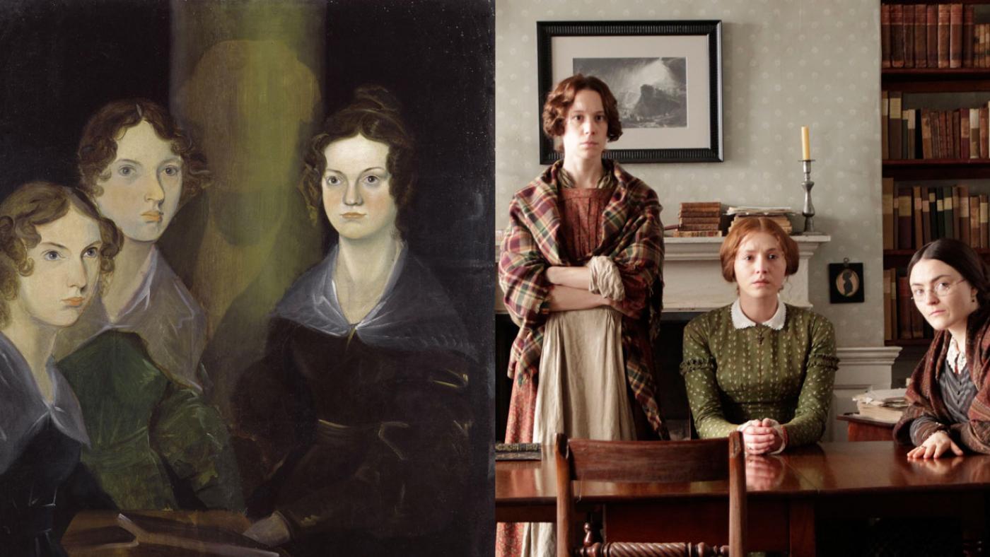 Branwell Bronte's portrait of his three sisters alongside the actors who portray them in 'To Walk Invisible.' (Courtesy of Michael Prince/BBC and MASTERPIECE)