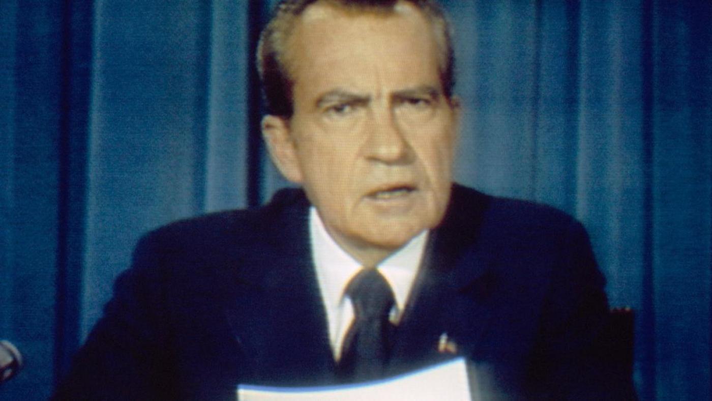 Richard Nixon making his resignation speech on August 8.