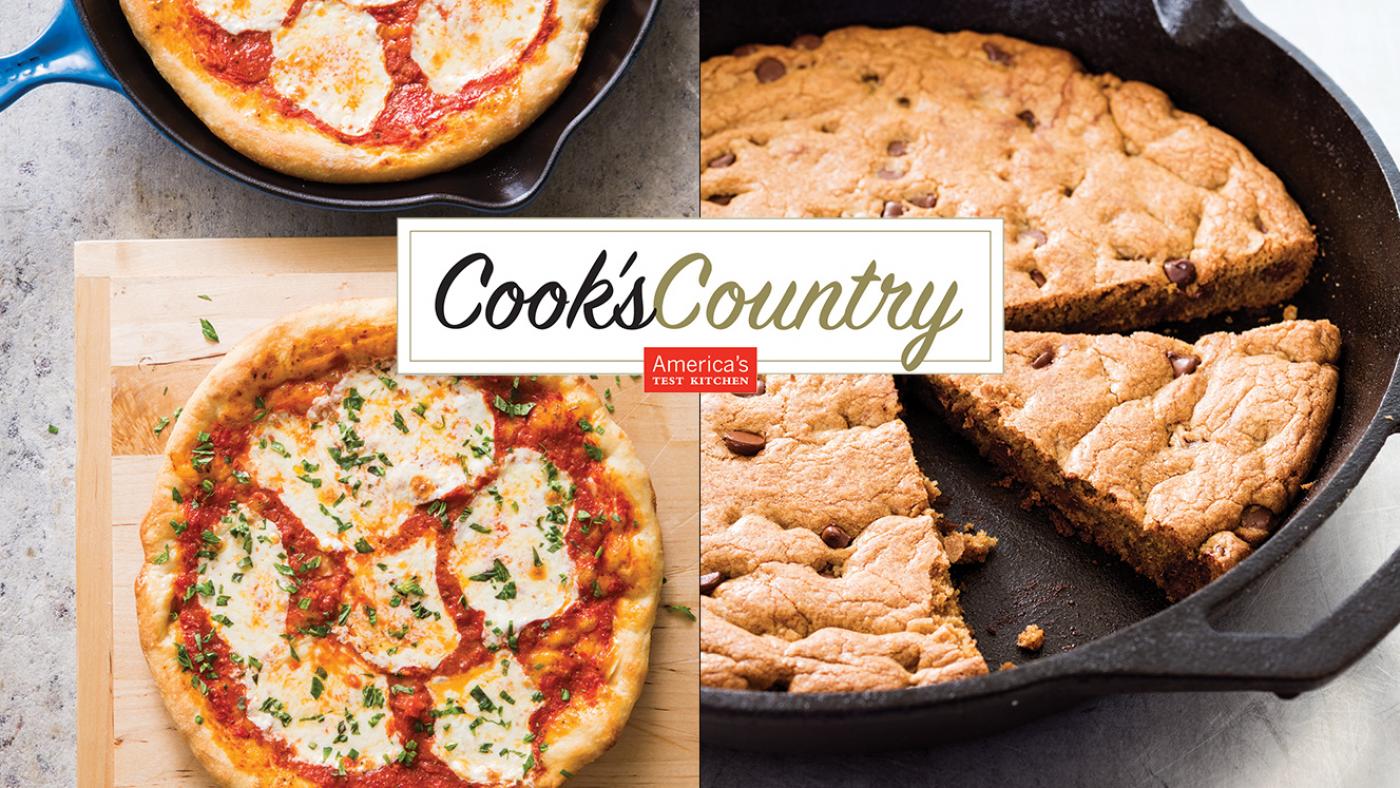 Skillet Pizza and Chocolate Chip Skillet Cookie from Cook's Country. Photos: Joe Keller (left); Daniel J. Van Ackere