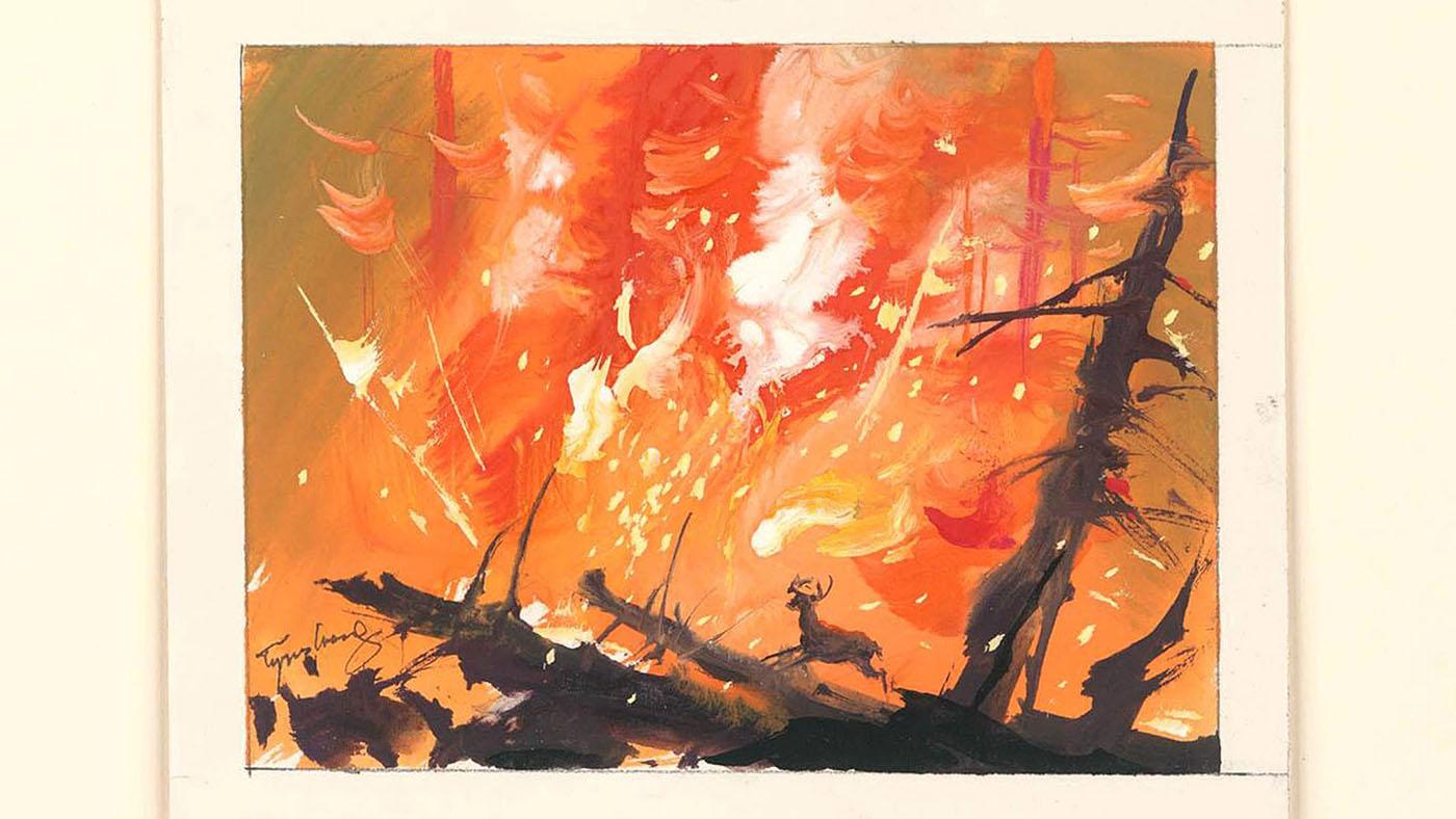 Visual development for Bambi, 1942, in watercolor on paper. Image: Courtesy of Tyrus Wong