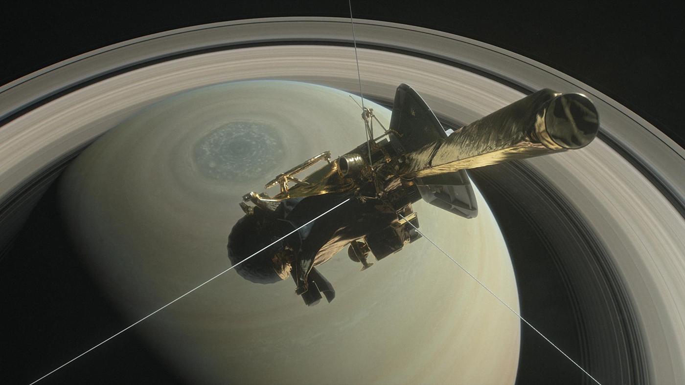 A rendering of NASA's Cassini above Saturn's northern pole, ready to dive into Saturn's rings. Image: Courtesy NASA