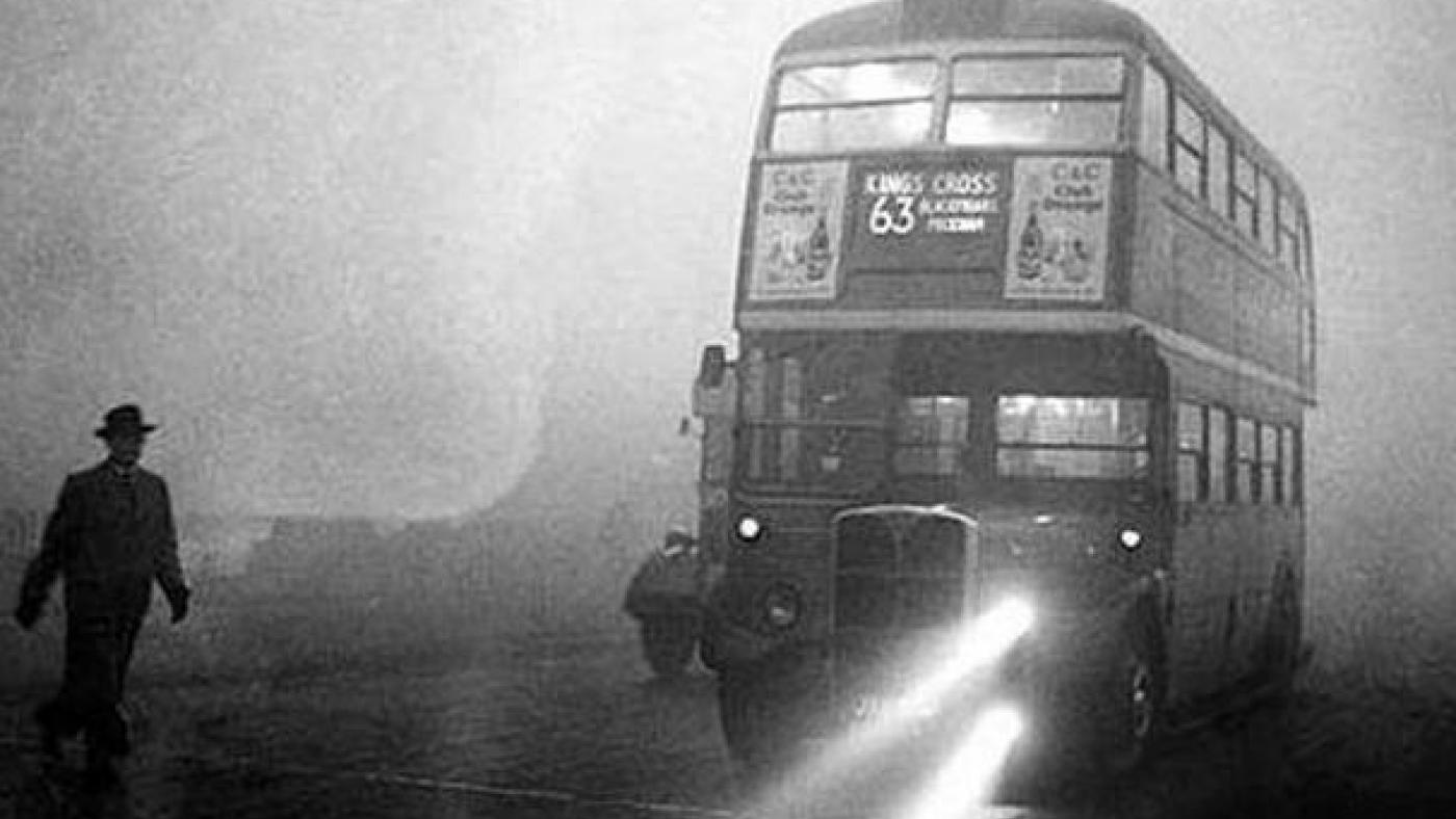A double-decker bus during the Great Smog of London, in 1952