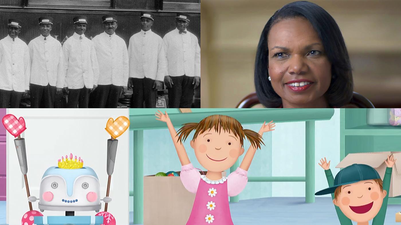 Clockwise from top left: Pullman Porters, Condoleezza Rice in American Creed, Pinkalicious and Peterrific. Images: APT, Citizen Films, WGBH 