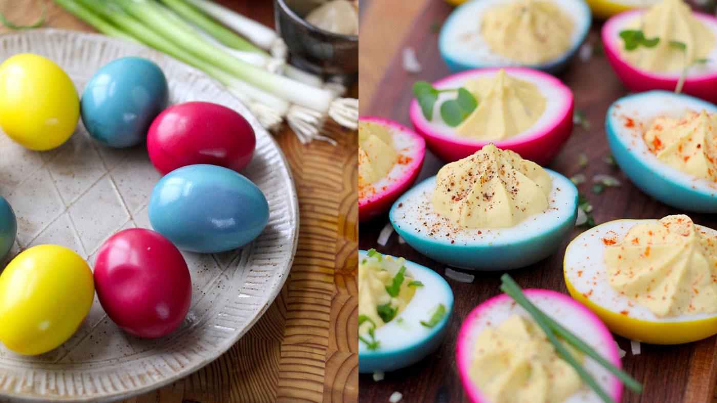 Naturally dyed deviled eggs for Easter