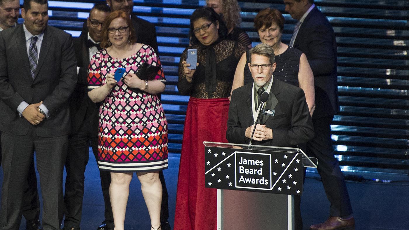 Rick Bayless accepting the award for Outstanding Restaurant at the James Beard Awards in 2017. Photo: James Beard Foundation