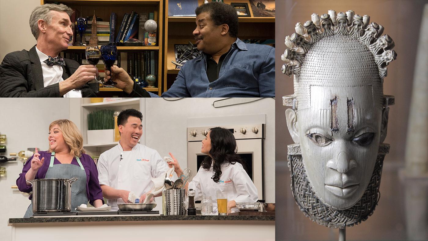 Bill Nye and Neil deGrasse Tyson; Carved Ivory mask-shaped hip pendant, inlaid with bronze Benin, Queen Idia, Artisit Unknown (16th century) – British Museum, London; Dishalicious. Photos: Erika Kapin/Structure Films; Nutopia Ltd; Bill Richert.