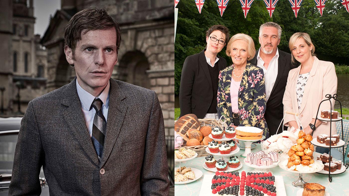 Endeavour; The Great British Baking Show. Photos: Jonathan Ford/Mammoth Screen for ITV and MASTERPIECE; Love Productions