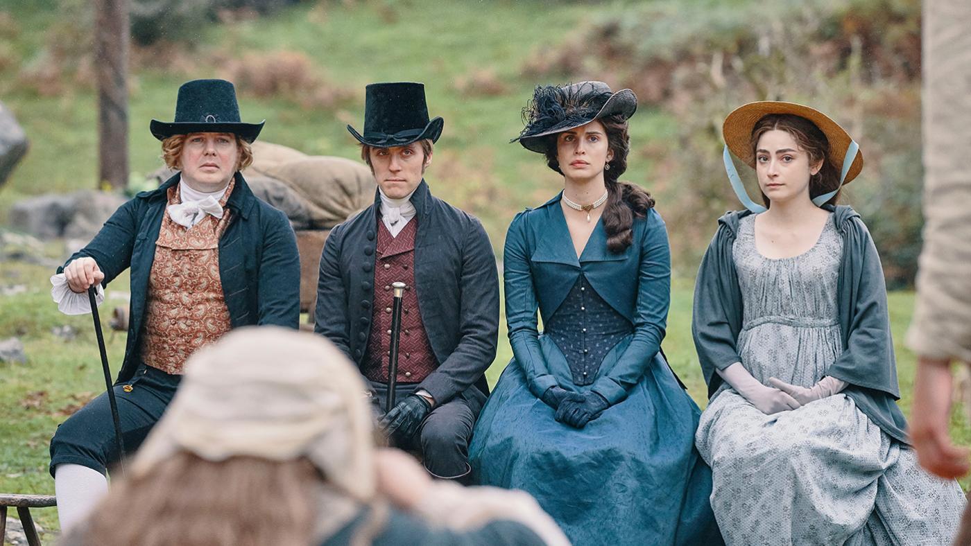 Christian Brassington as Ossie, Jack Farthing as George, Heida Reed as Elizabeth, and Ellise Chappell as Morwenna in Poldark. Photo: Mammoth Screen for BBC and MASTERPIECE
