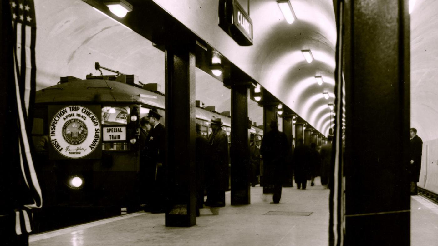 A train of 4000-series cars stops at Clark/Division in April 1943 on an official "inspection trip," showing guests progress on the subway's construction months before its completion and official opening in October. Photo: CTA