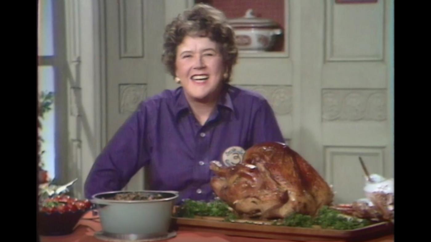 Julia Child with a roast turkey on The French Chef