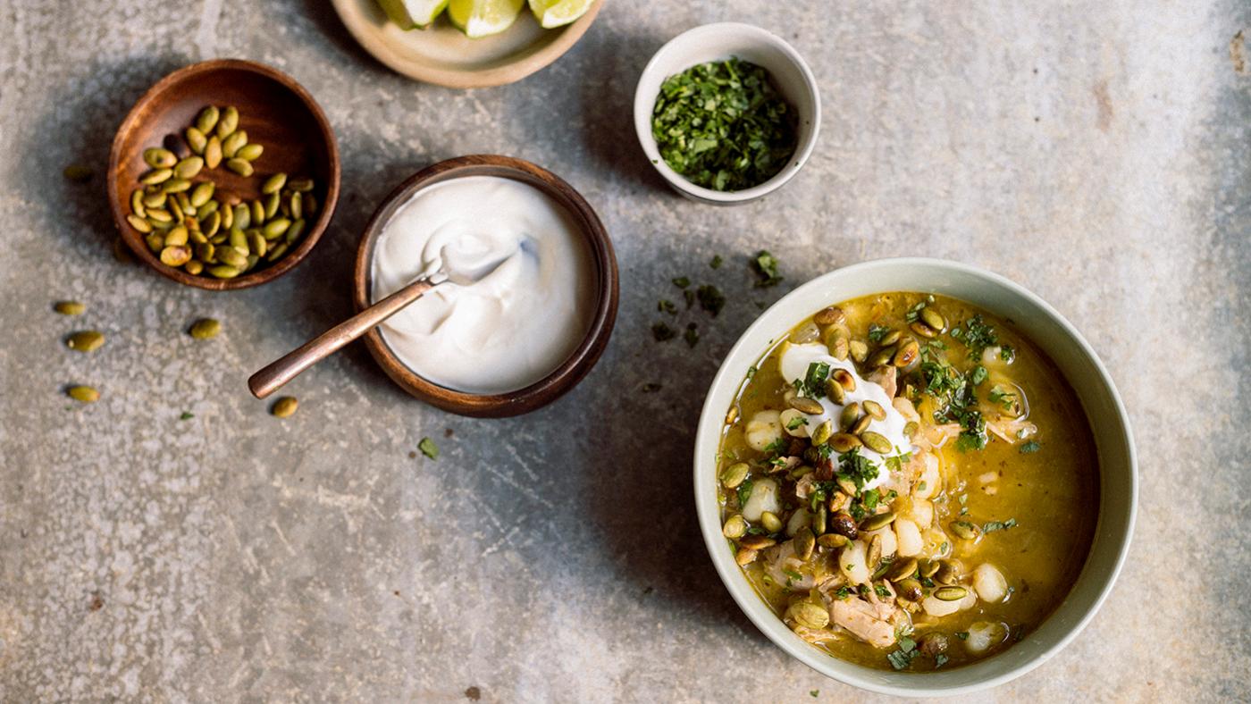 Milk Street's Mexican Chicken Soup with Tomatillos and Hominy. Photo: Connie Miller of CB Creatives