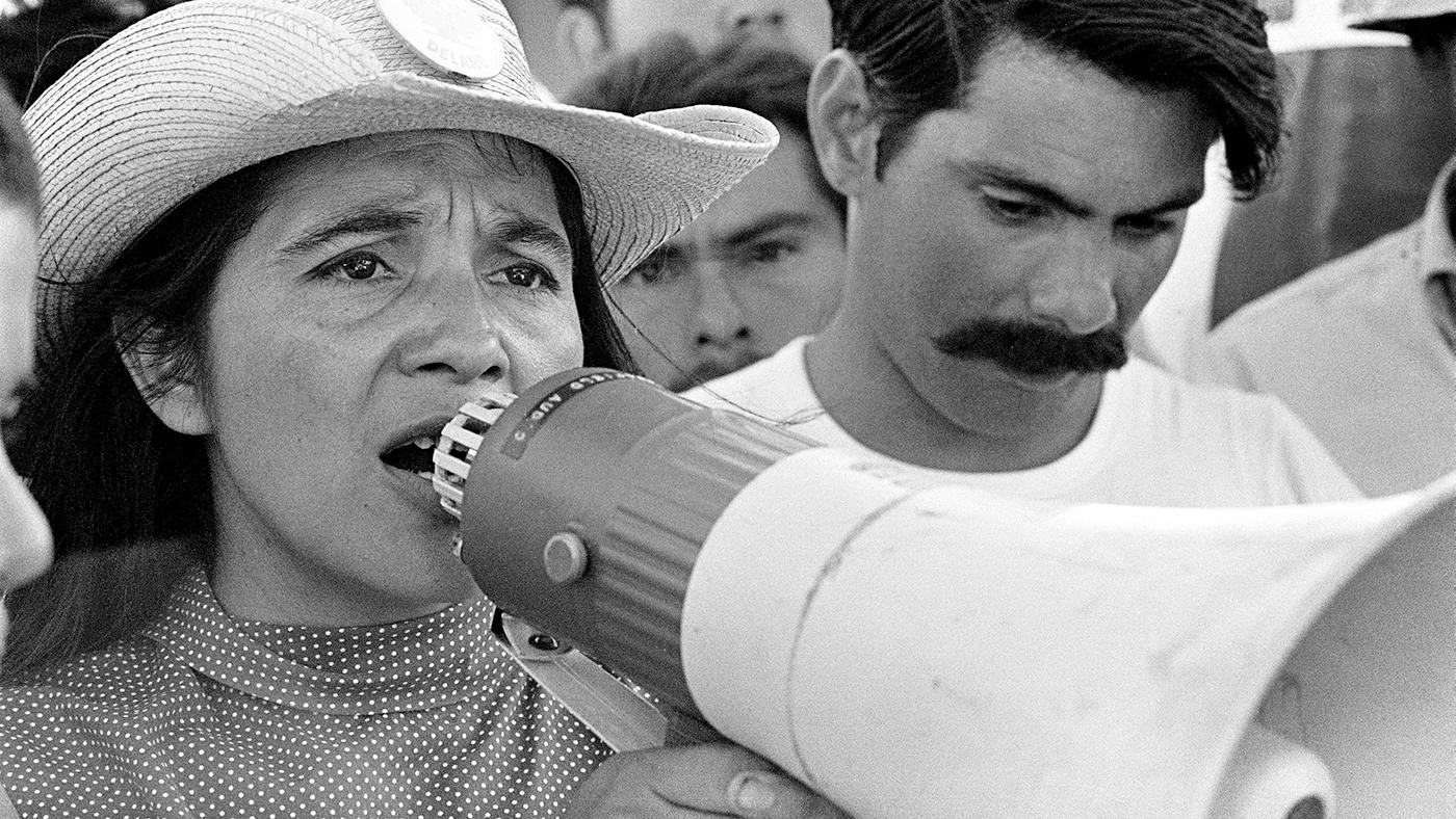 United Farm Workers leader Dolores Huerta organizing marchers on the 2nd day of March Coachella in Coachella, CA 1969. Photo: George Ballis / Take Stock / The Image Works