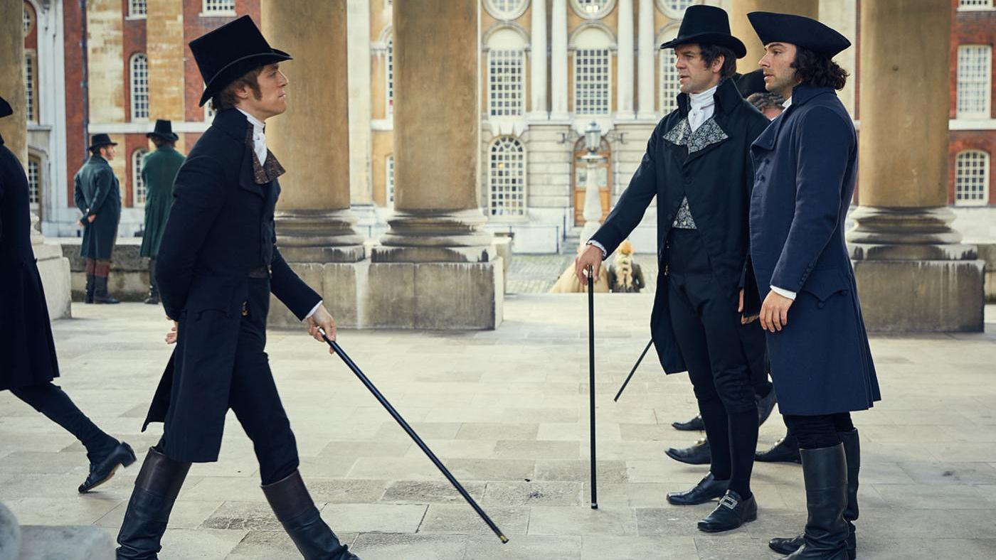 Jack Farthing as George, John Hopkins as Sir Francis Basset and Aidan Turner as Ross in Poldark. Photo: Mammoth Screen for BBC and MASTERPIECE