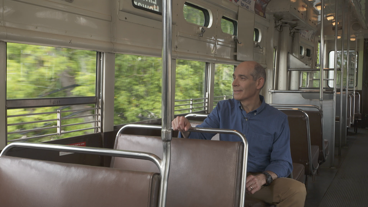Geoffrey Baer riding a 6000-series CTA car from 1959 on the Purple Line