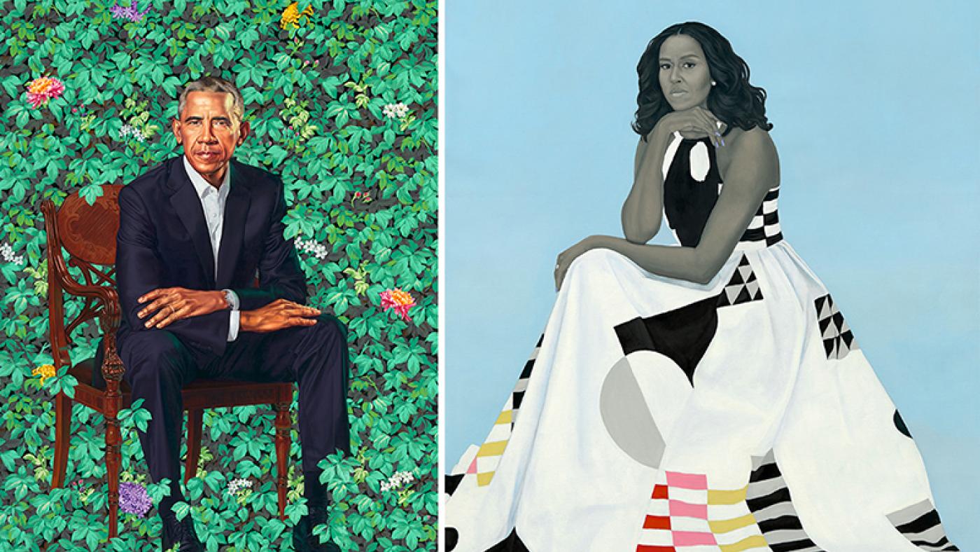 (L): “Barack Obama” by Kehinde Wiley, oil on canvas, 2018. National Portrait Gallery, Smithsonian Institution. (R): “Michelle LaVaughn Robinson Obama” by Amy Sherald, oil on linen, 2018. National Portrait Gallery, Smithsonian Institution.