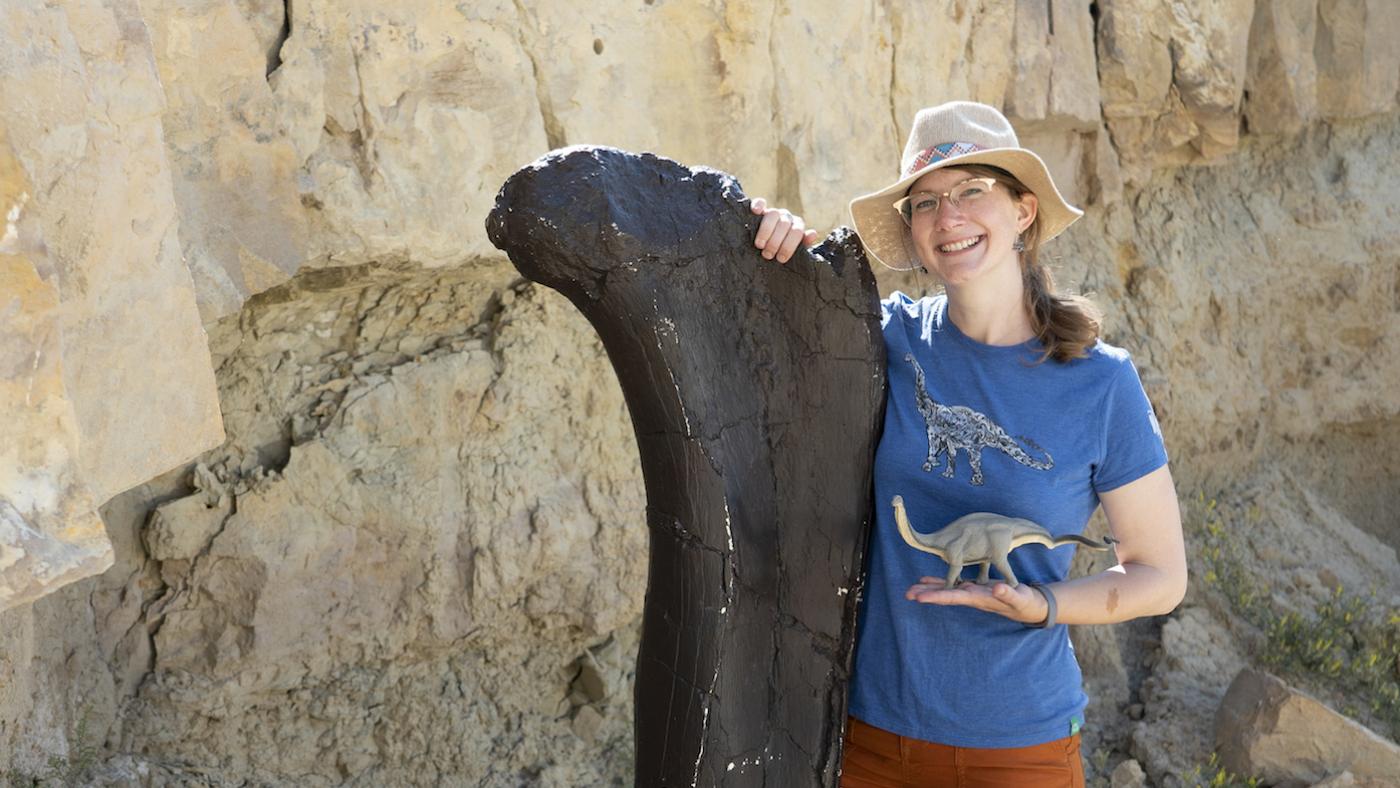 Emily Graslie in a sauropod quarry near Bozeman, MT, in 'Prehistoric Road Trip.' Photo: Julie Florio and WTTW