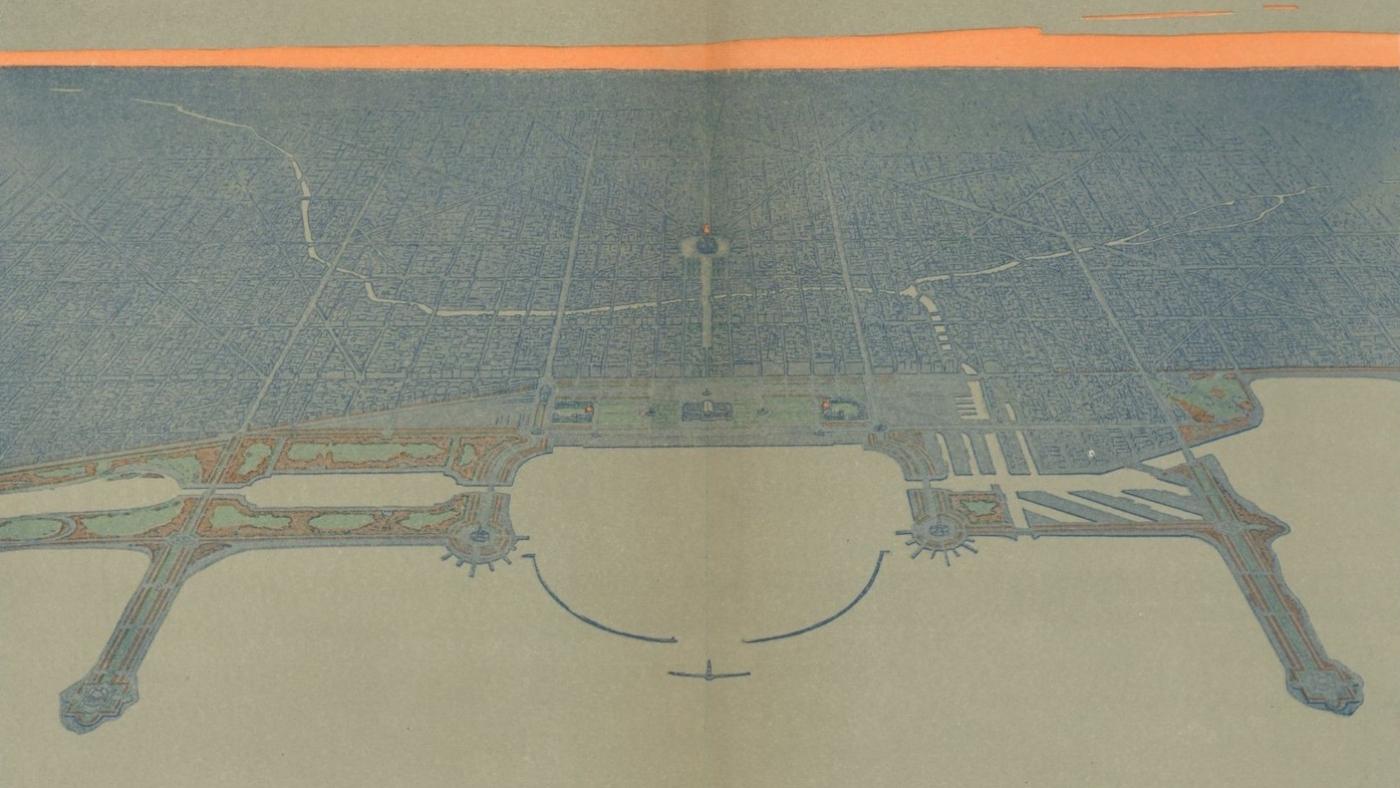 An illustration from the 1909 'Plan of Chicago' of the city from above, looking west. Image: Typ 970U Ref 09.296, Houghton Library, Harvard University/Wikimedia Commons